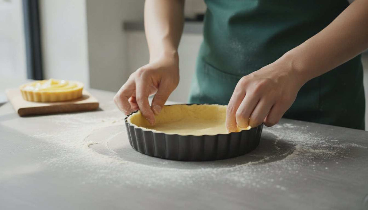 chef demonstrating tart baking class Singapore with golden tart crusts and ingredients on table