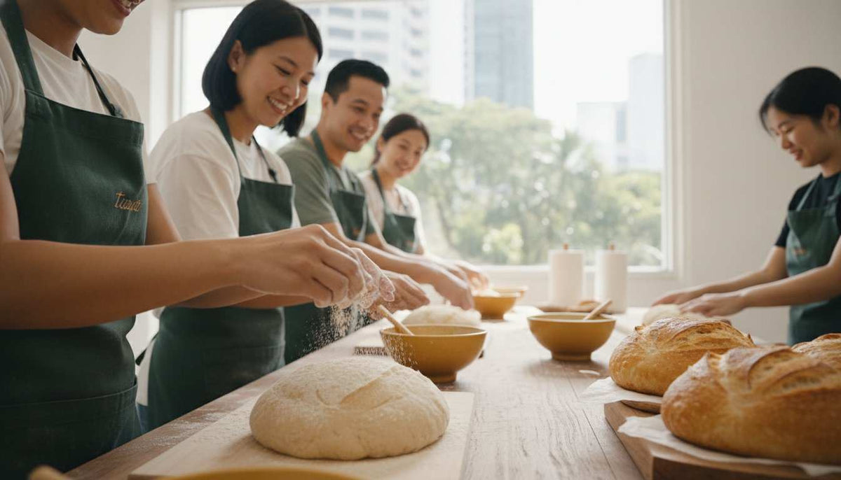 Baking enthusiasts in Singapore enjoying a hands-on baking workshop with fresh bread and pastries