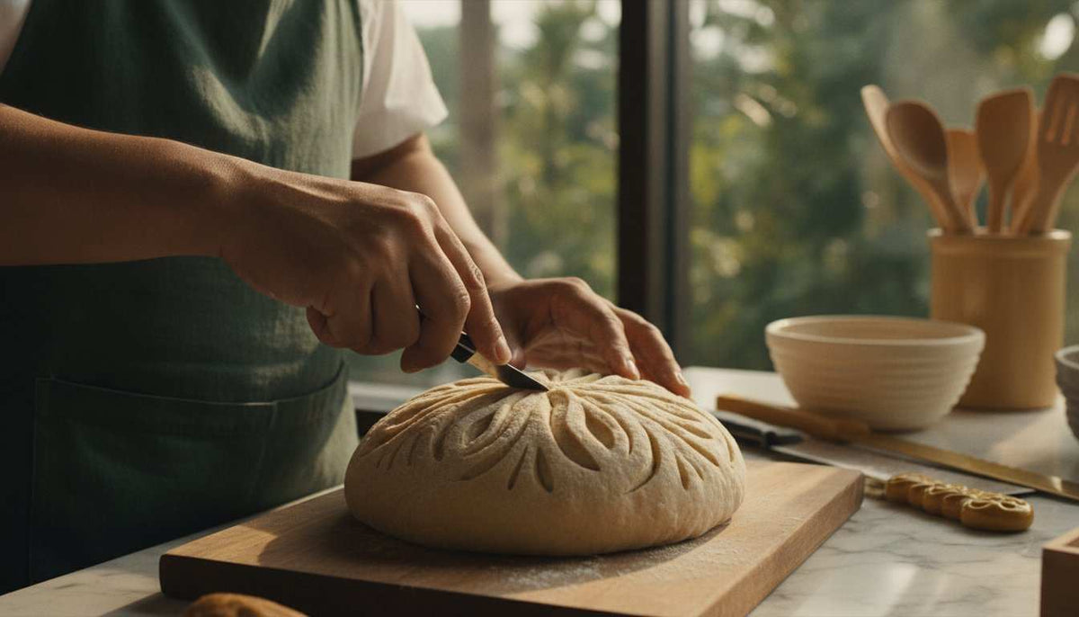 Hands shaping high-hydration sourdough dough in a Singapore baking class