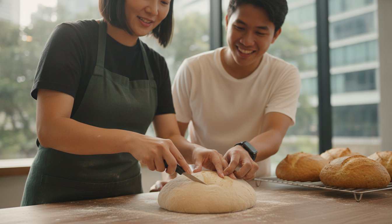 Group of people learning bread making in a Bread Foundation Class Singapore workshop