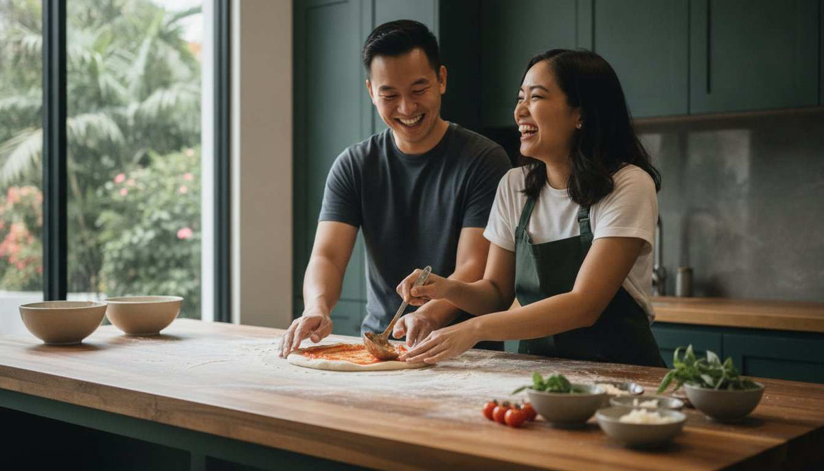 Couple enjoying hands-on pizza making class in Singapore with dough and toppings