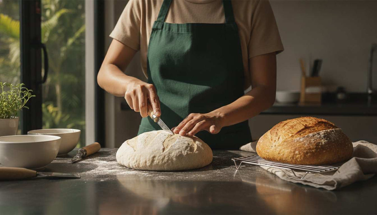 Person baking artisan bread in a boutique Singapore baking class session
