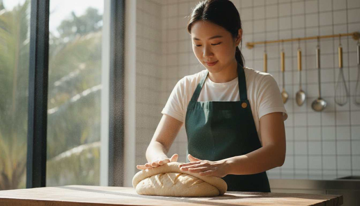 Students kneading dough together in a beginner baking class in Singapore studio