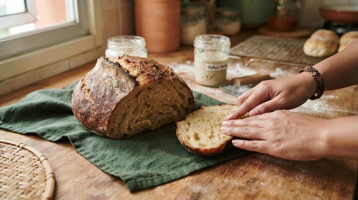 Sourdough bread loaf with a dark, crisp crust and dense, pale crumb beside a sliced piece; Why Is My Sourdough Dense and Gummy