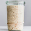 100g freshly fed Sourdough Starter Singapore in a glass jar with a rubber band, showing active fermentation bubbles